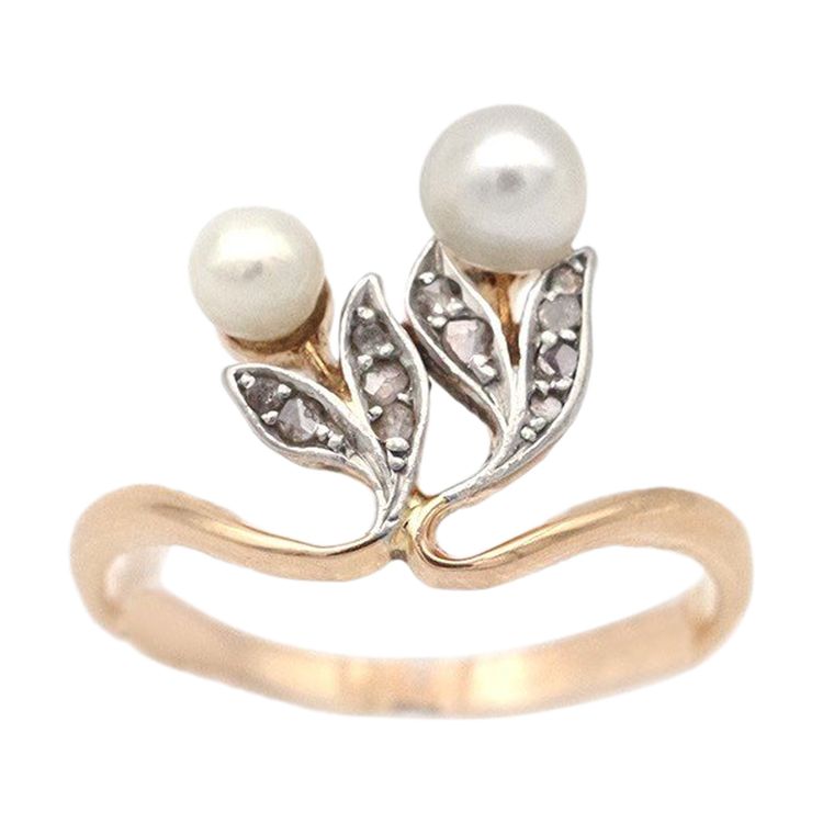 Anello con perle in stile Art Nouveau in oro 18k e platino, anello con perle fini, fiori, tu ed io