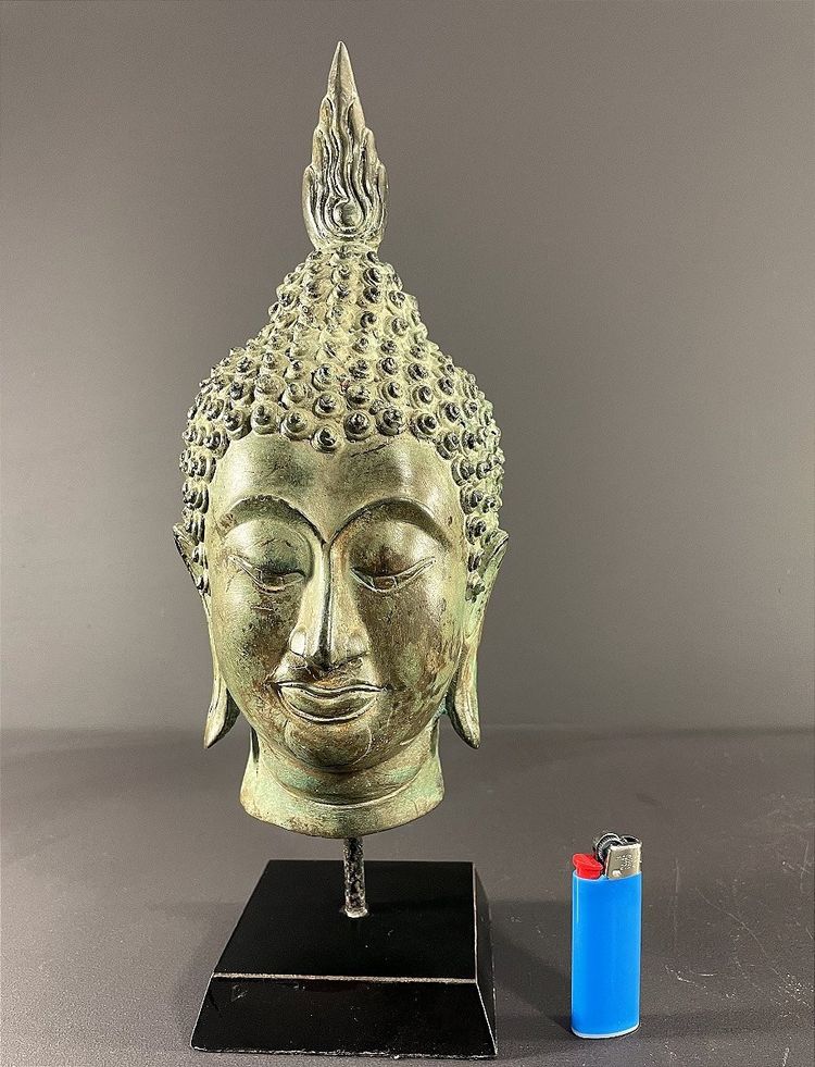 Thailand, Sukhothai, 1950s/1960s, Bronze Buddha Head Presented on a Pedestal.
