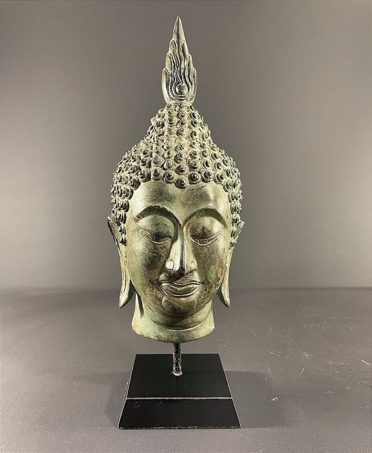Thailand, Sukhothai, 1950s/1960s, Bronze Buddha Head Presented on a Pedestal.