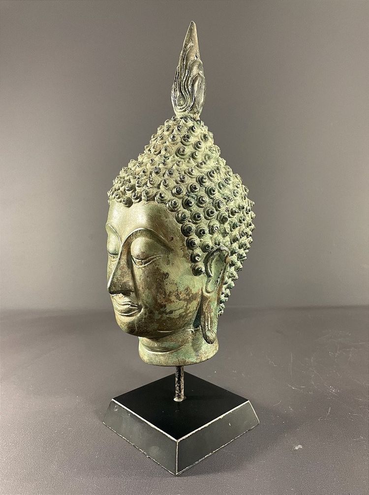 Thailand, Sukhothai, 1950s/1960s, Bronze Buddha Head Presented on a Pedestal.