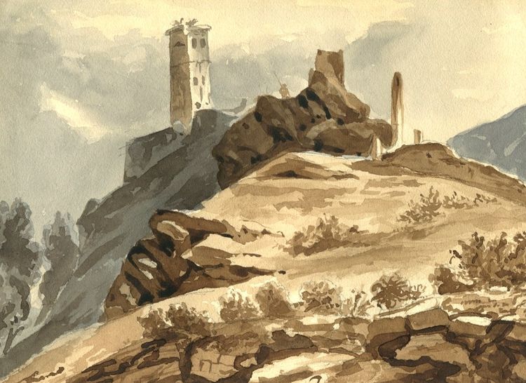 View of Italy - Neoclassical landscape - Original old drawing with two washes