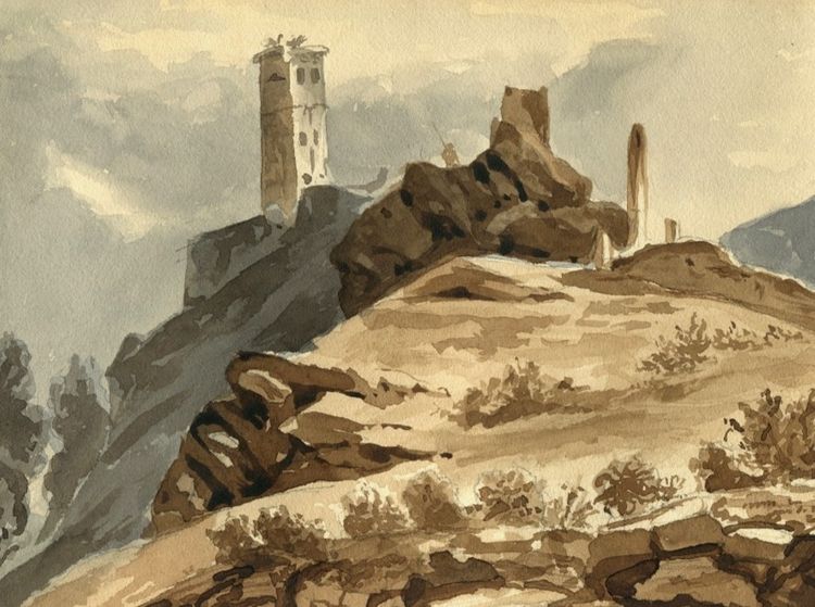 View of Italy - Neoclassical landscape - Original old drawing with two washes