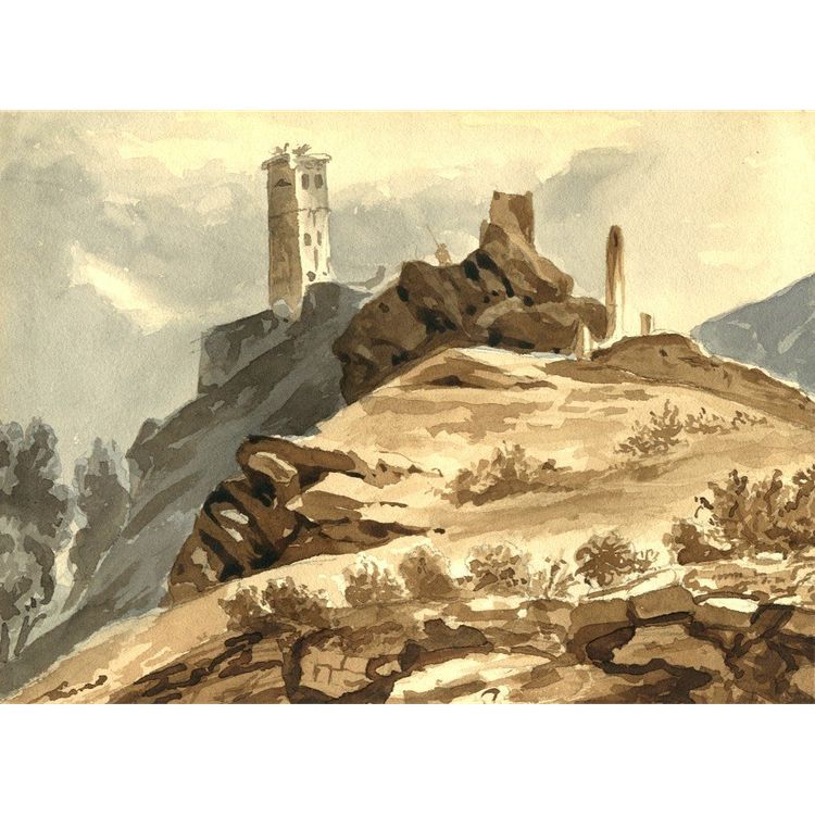 View of Italy - Neoclassical landscape - Original old drawing with two washes