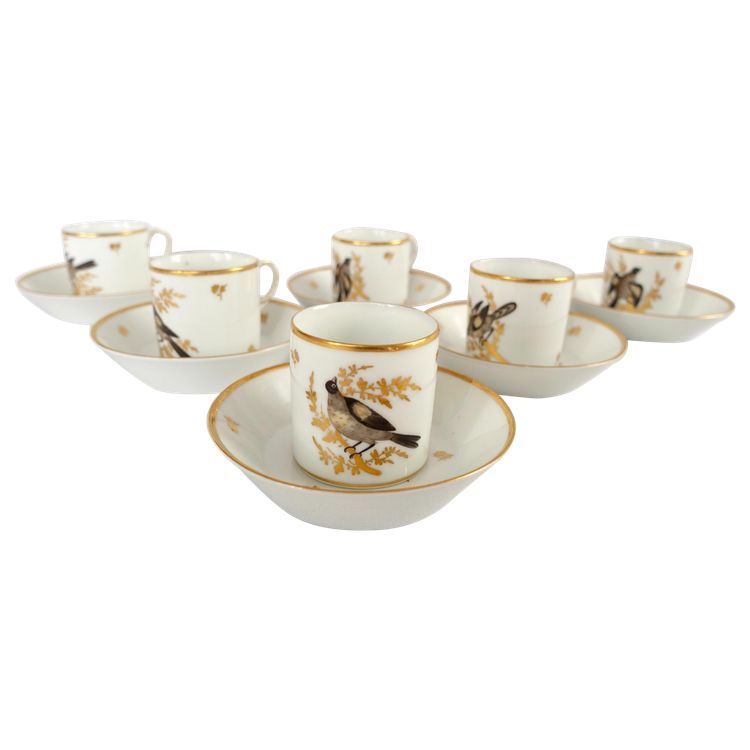 Brussels porcelain coffee service from the Directoire period: 6 bird cups