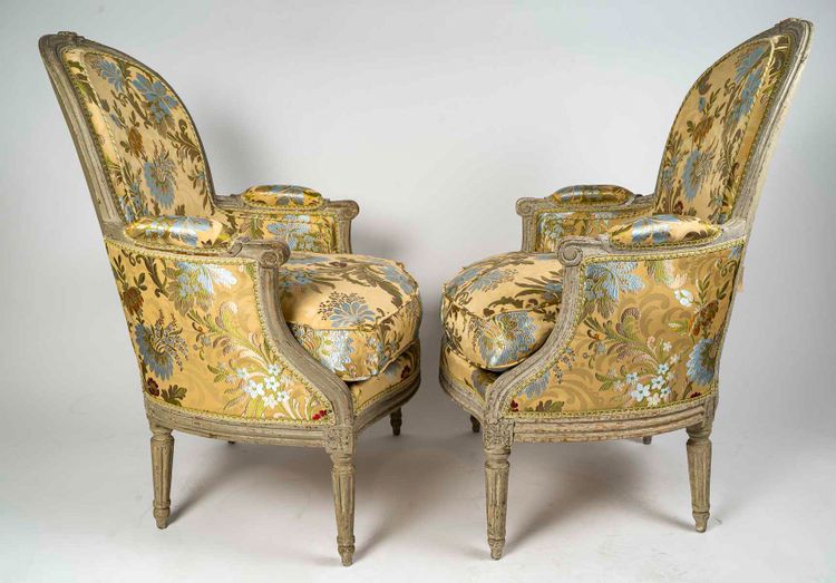 Denis Julienne, Master in 1775: Pair of Louis XVI Period Armchairs with Medallion Backs