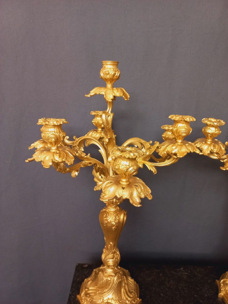 Large pair of Louis XV style candelabras in gilded and chiseled bronze