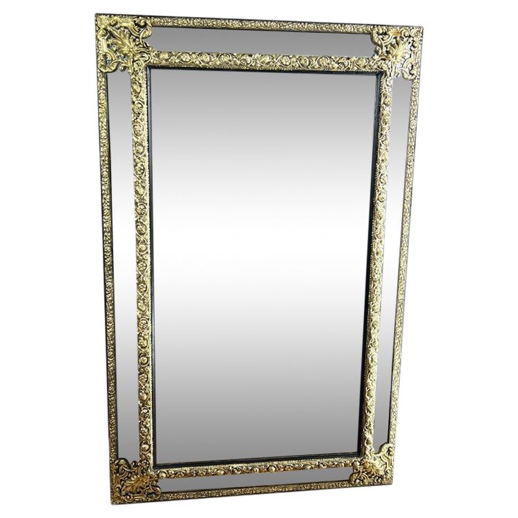 LARGE MIRROR WITH PARECLOSES IN REPOUSSE BRASS, NAPOLEON III PERIOD, 1.50 M
