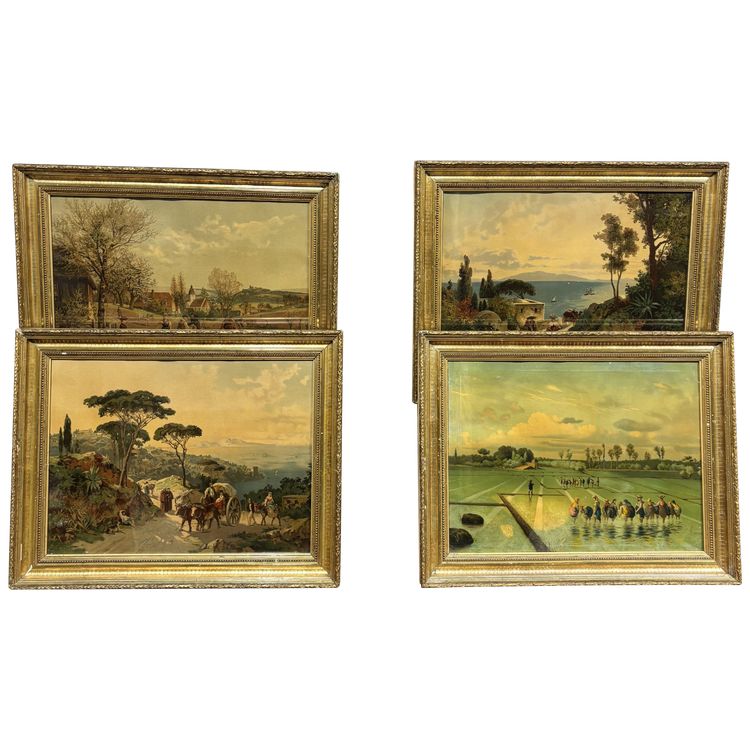 Ensemble de quatre lithographies en couleurs du XIXe siècle dans des cadres à la feuille d'or