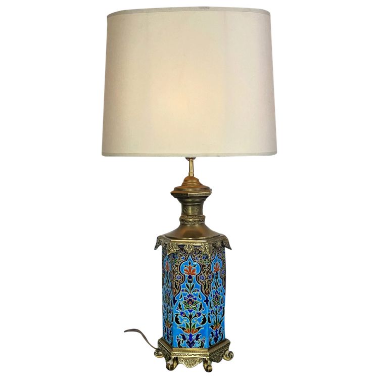 LAMPE ANCIENNE EN FAÏENCE VIEILLARD BORDEAUX ? OU LONGWY ? ORNÉE DE BRONZE