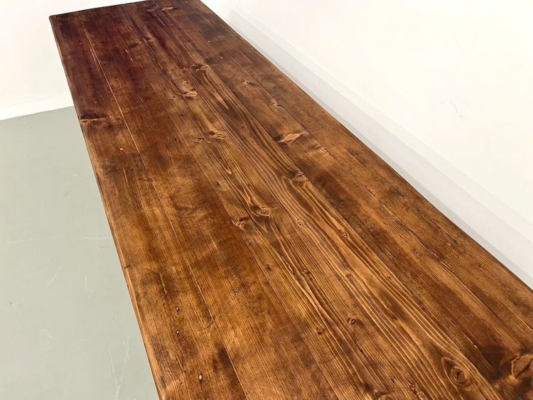 Large solid pine farmhouse table with spindle legs, circa 1950