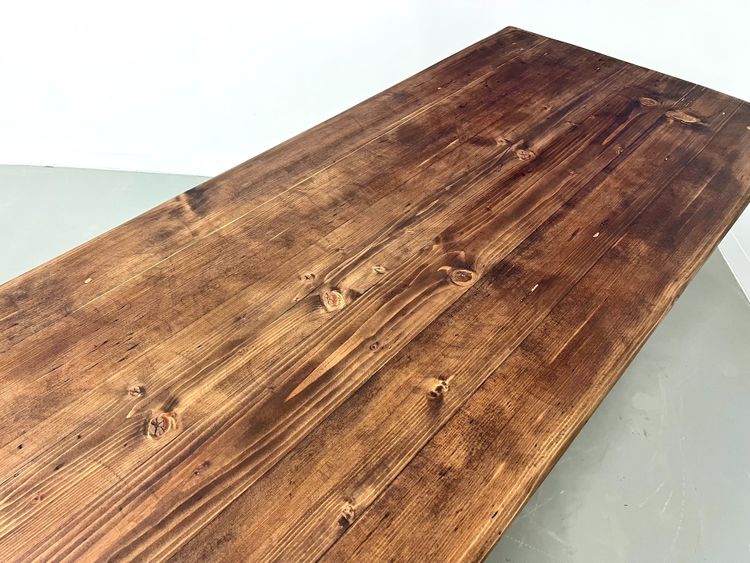Large solid pine farmhouse table with spindle legs, circa 1950