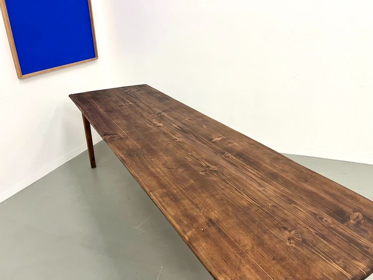 Large solid pine farmhouse table with spindle legs, circa 1950
