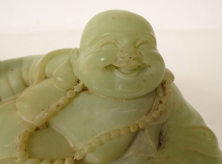 Sculpture Chinoise Jade Jadéite Verte Bouddha Rieur Signature Xuande XIXème