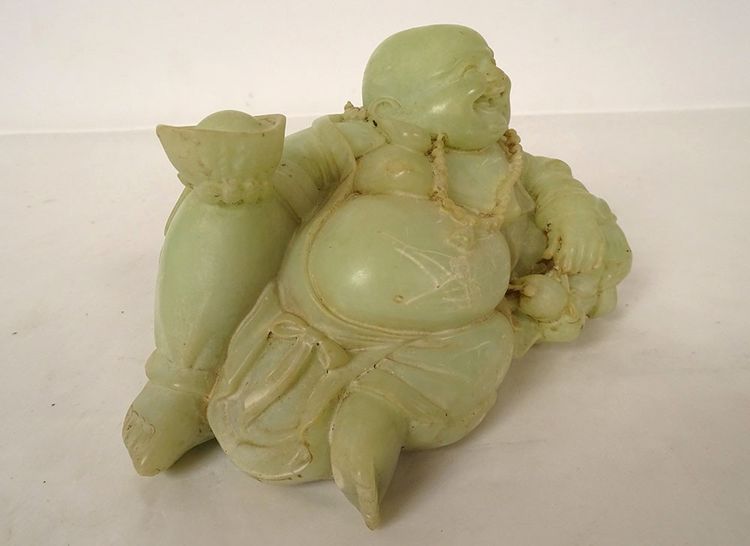 Sculpture Chinoise Jade Jadéite Verte Bouddha Rieur Signature Xuande XIXème