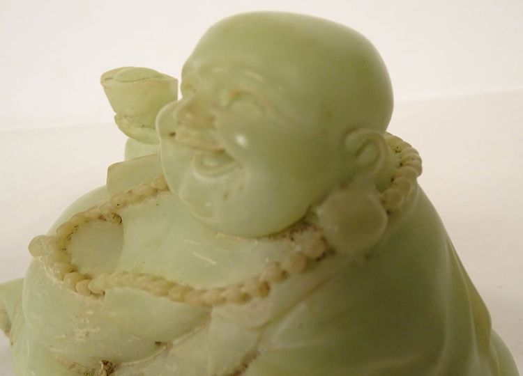Sculpture Chinoise Jade Jadéite Verte Bouddha Rieur Signature Xuande XIXème