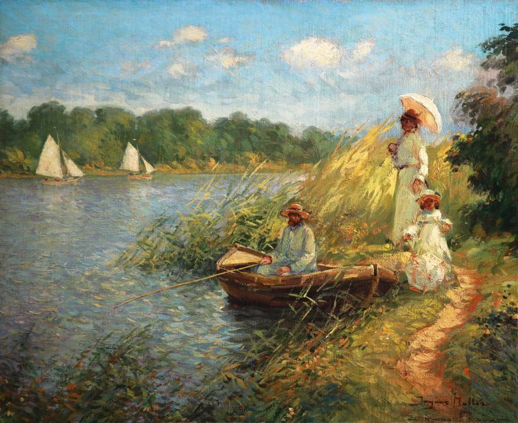 Jacques Muller „au bord de l’etang“ Impressionismus, Öl auf Leinwand, 20. Jahrhundert