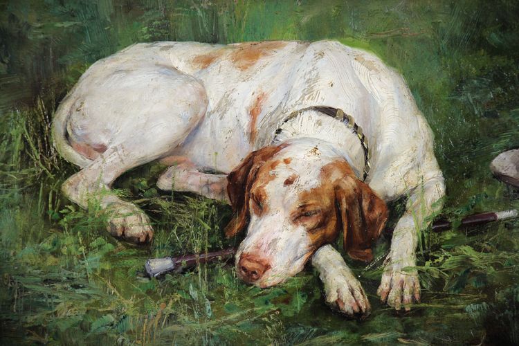 Cane a riposo in un paesaggio "la fedeltà" dipinto a olio svedese su tavola