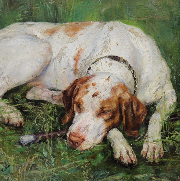 Cane a riposo in un paesaggio "la fedeltà" dipinto a olio svedese su tavola