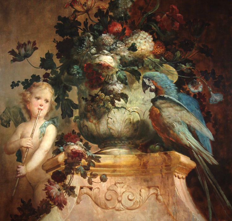 Still life with flowers Putti and parrot oil on canvas attr. Vittorio Amedeo Rapous