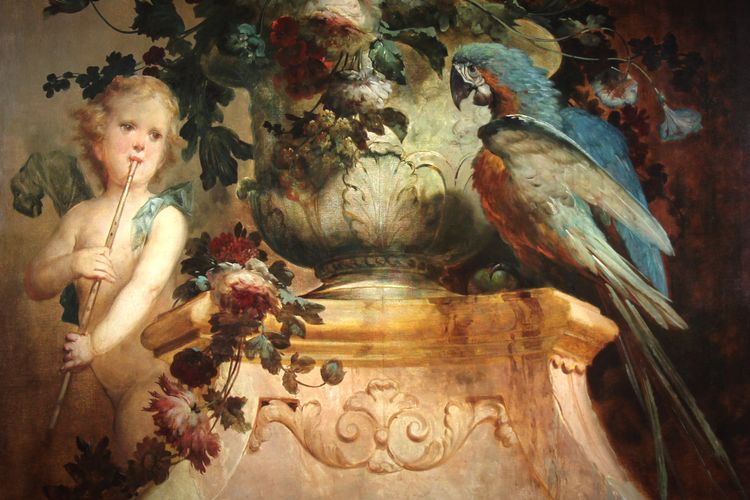 Still life with flowers Putti and parrot oil on canvas attr. Vittorio Amedeo Rapous