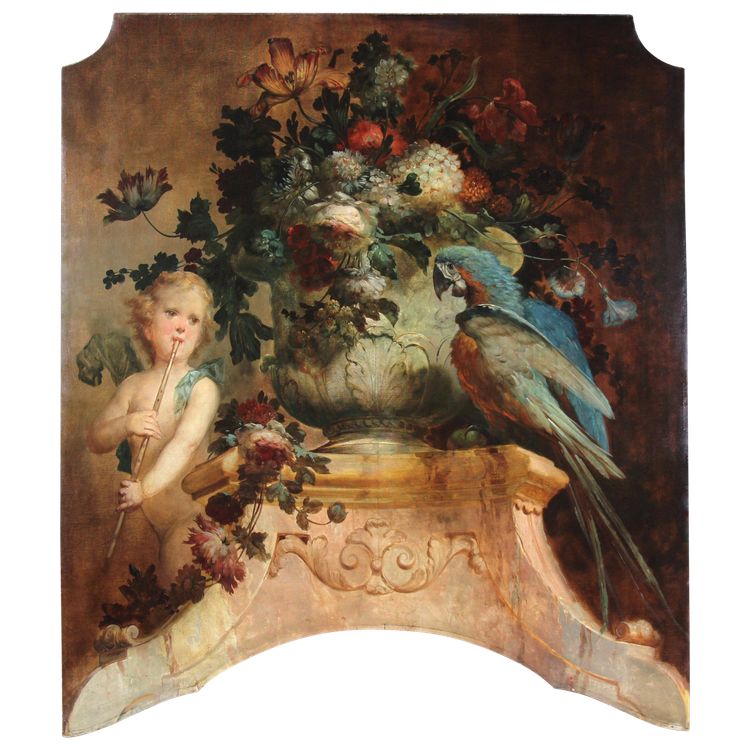 Still life with flowers Putti and parrot oil on canvas attr. Vittorio Amedeo Rapous