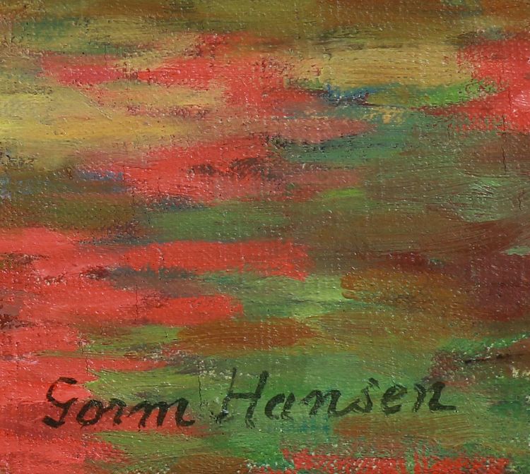 Peinture à l'huile impressionniste de Gorm Hansen, reflet de l'eau avec des fleurs