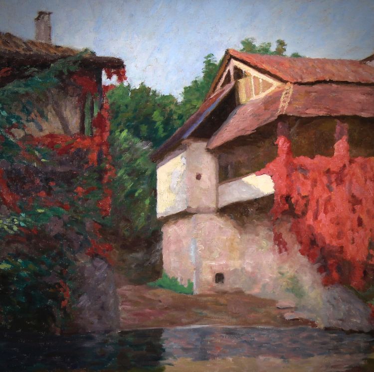 Peinture à l'huile impressionniste de Gorm Hansen, reflet de l'eau avec des fleurs