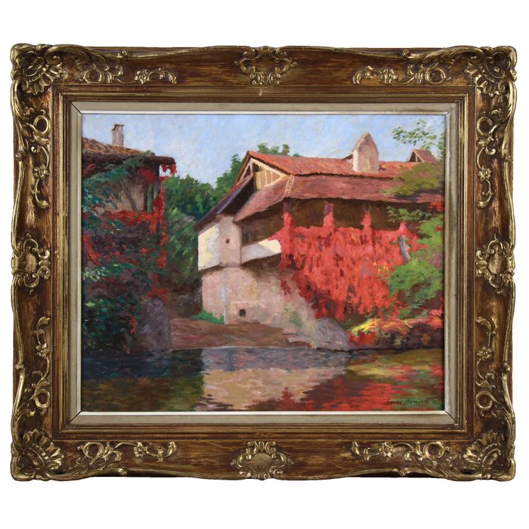 Peinture à l'huile impressionniste de Gorm Hansen, reflet de l'eau avec des fleurs