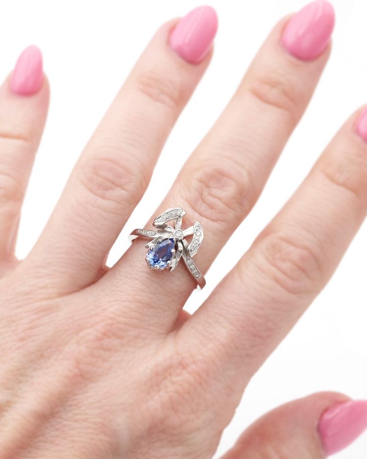 Bague nœud saphir diamants en or 18k, bague de fiançailles, mariage, saphir naturel 0.76ct, diamants