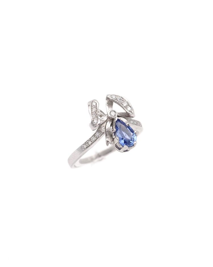 Bague nœud saphir diamants en or 18k, bague de fiançailles, mariage, saphir naturel 0.76ct, diamants