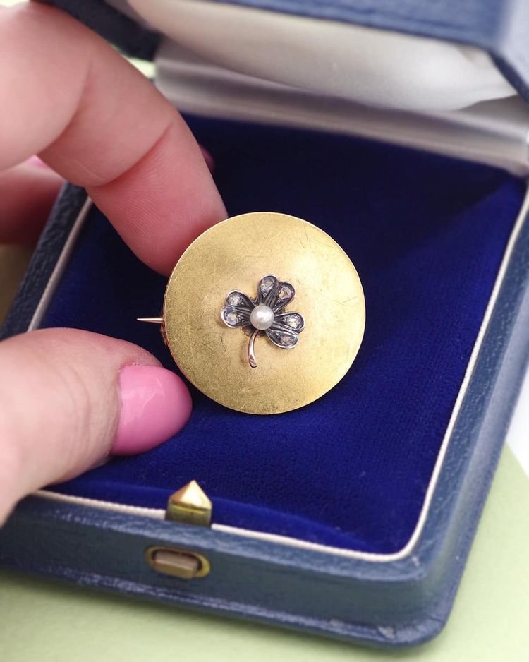 Spilla a forma di trifoglio di Napoleone III in oro 18k e diamanti, argento, portafortuna, rotonda, gioiello antico 