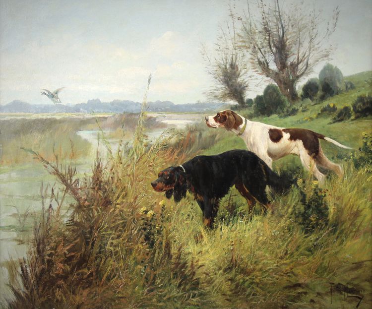 Jagdhunde Pointer Französisch Ölgemälde auf Leinwand 19. von F.E. Martinez