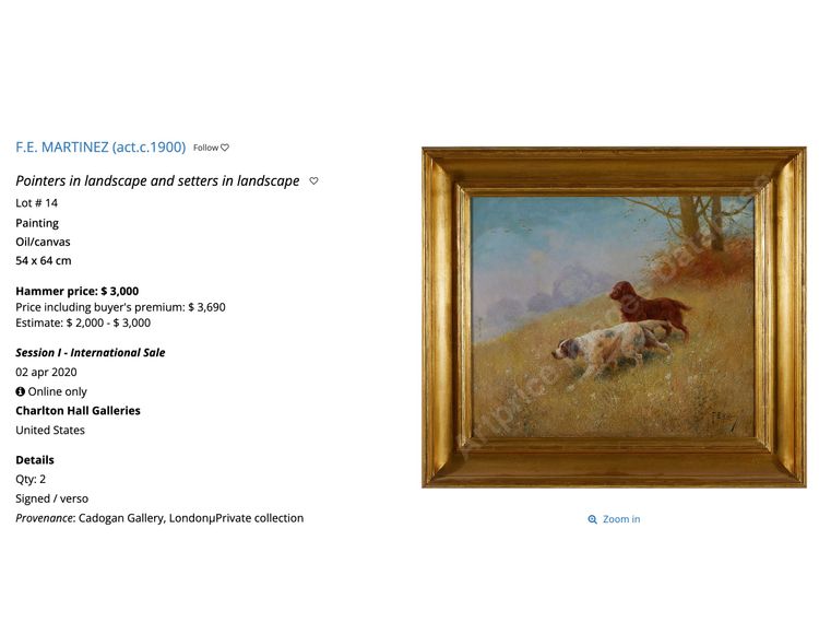 Jagdhunde Pointer Französisch Ölgemälde auf Leinwand 19. von F.E. Martinez