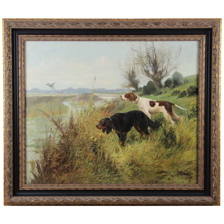 Jagdhunde Pointer Französisch Ölgemälde auf Leinwand 19. von F.E. Martinez