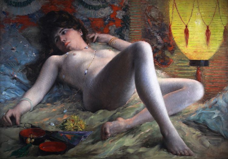 Peinture à l'huile sur toile ancienne française « Nu à l'éventail » XXe siècle