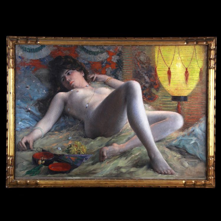 Peinture à l'huile sur toile ancienne française « Nu à l'éventail » XXe siècle