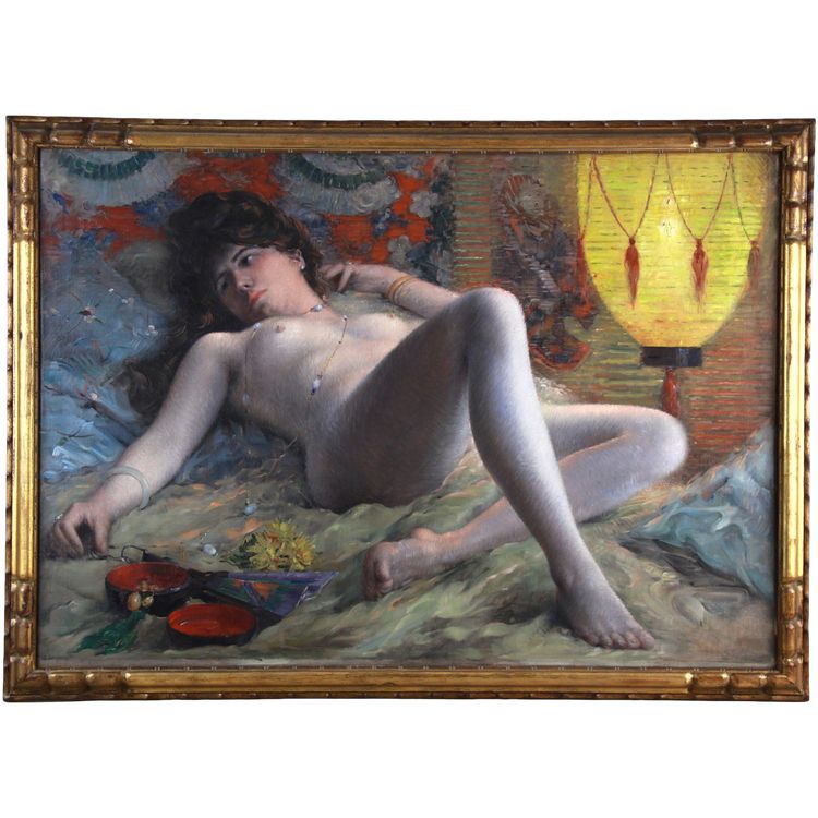 Peinture à l'huile sur toile ancienne française « Nu à l'éventail » XXe siècle