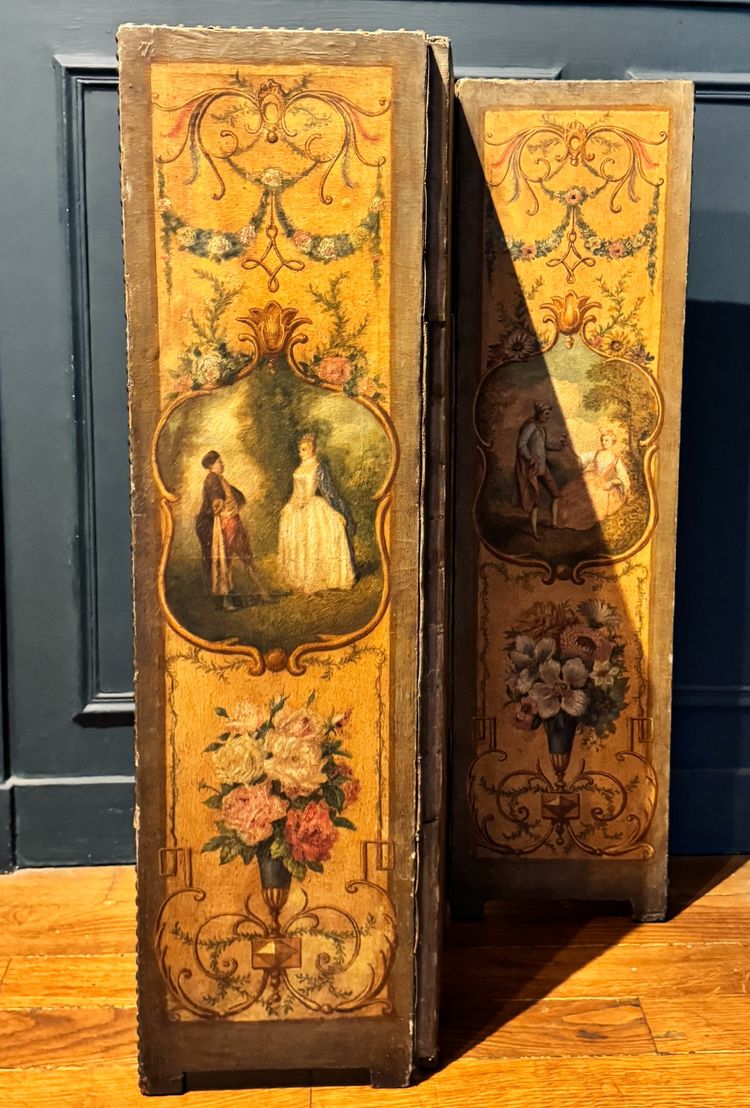 Small 18th century painted canvas screen with 3 panels H95