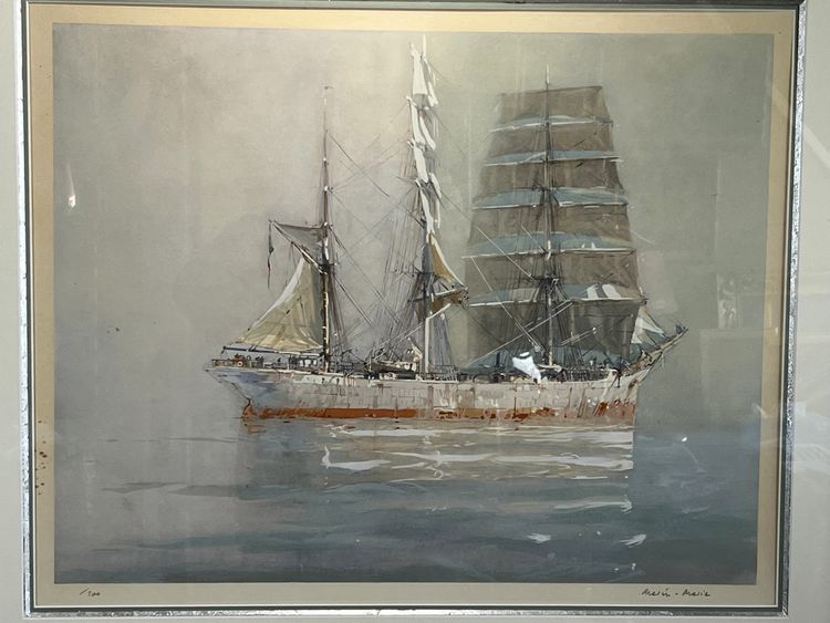 MARIN-MARIE 1901-1987 LARGE LITHOGRAPH "THREE MASTS ON A CALM SEA"