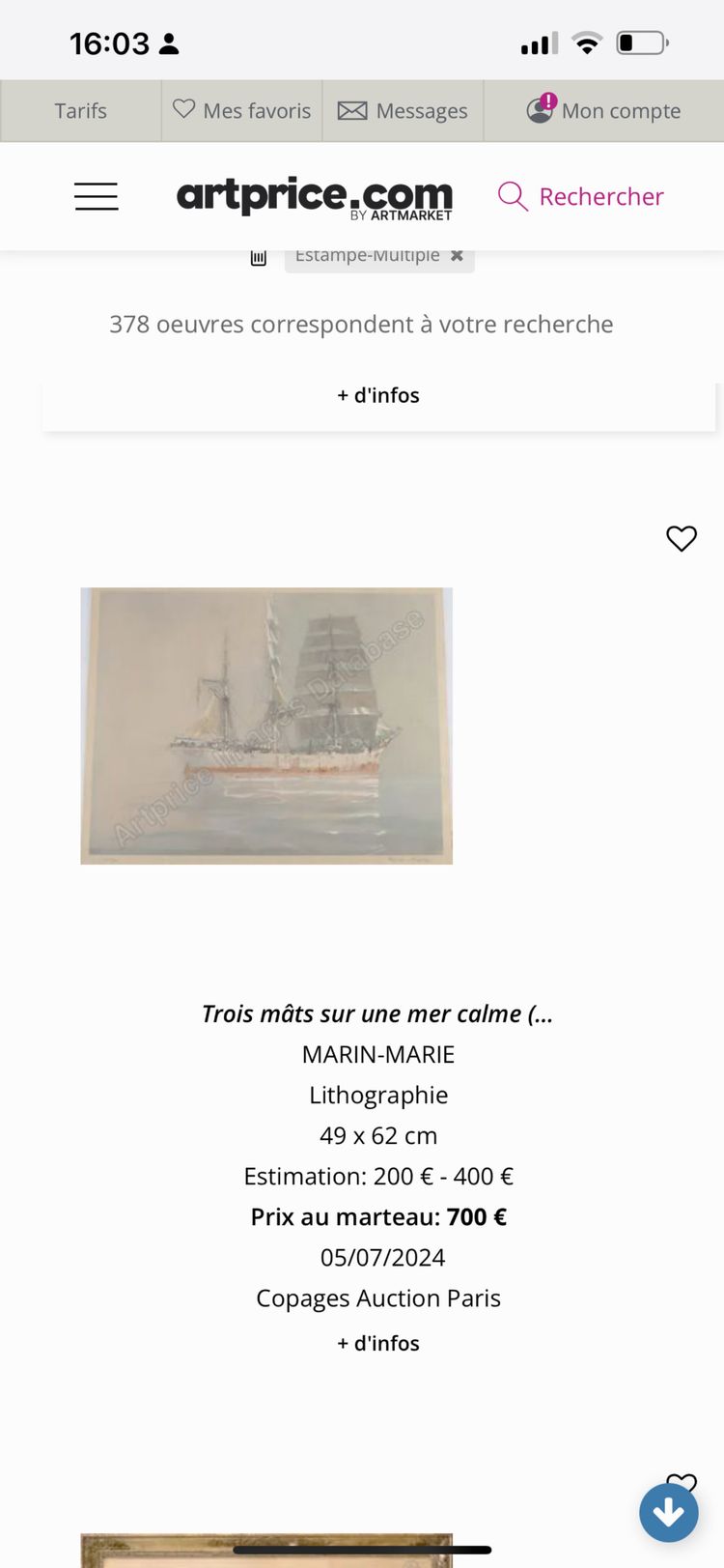MARIN-MARIE 1901-1987 LARGE LITHOGRAPH "THREE MASTS ON A CALM SEA"