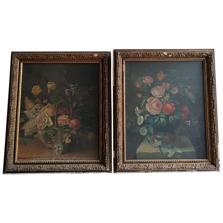 Pair of 19th century oil paintings Still life with flowers
