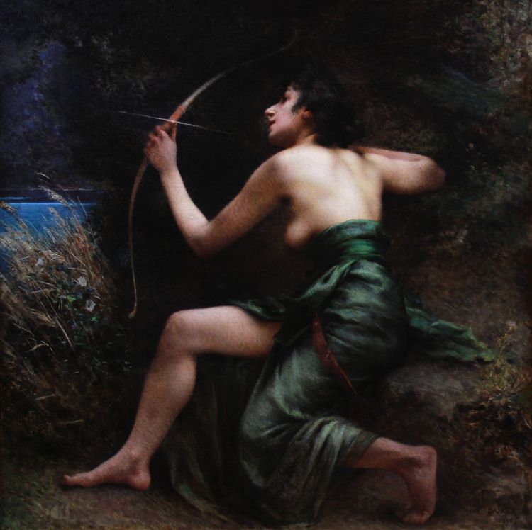 Antikes französisches Ölgemälde auf Leinwand, Akt „Göttin Artemis“, 19.