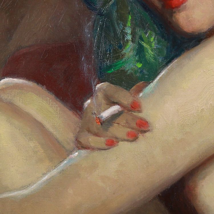 Danseuse de cabaret assise devant un miroir, peinture à l'huile sur toile nue française