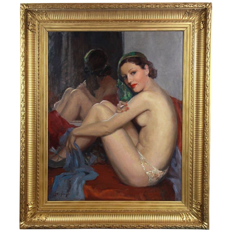 Danseuse de cabaret assise devant un miroir, peinture à l'huile sur toile nue française