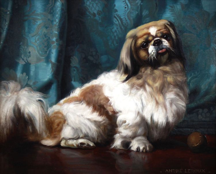 Peinture à l'huile ancienne sur toile portrait d'un chien pékinois 20e