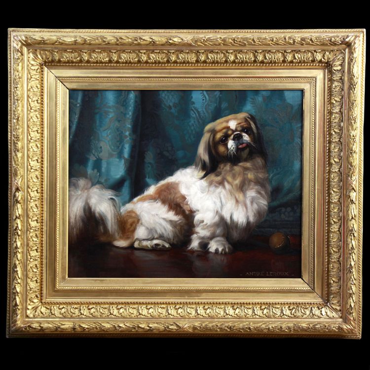 Peinture à l'huile ancienne sur toile portrait d'un chien pékinois 20e