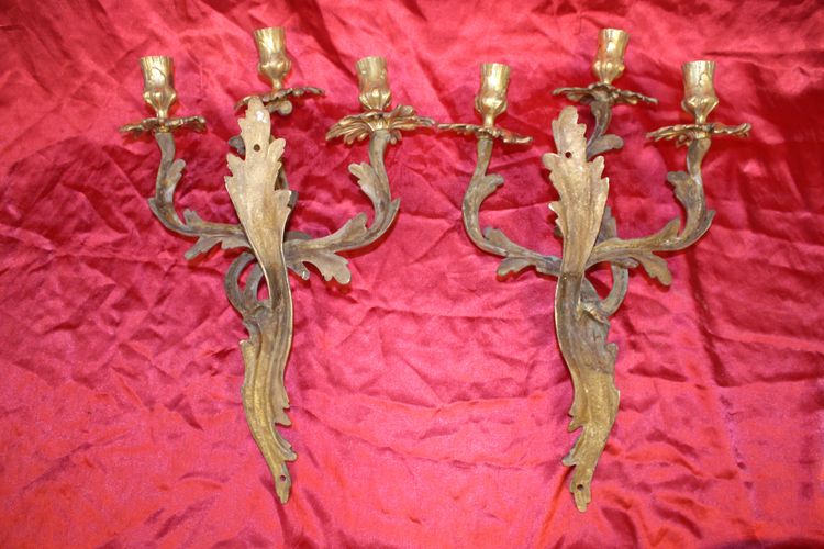 Pair of Louis XV style bronze 3-light wall lights, early 20th century height: 46 cm
