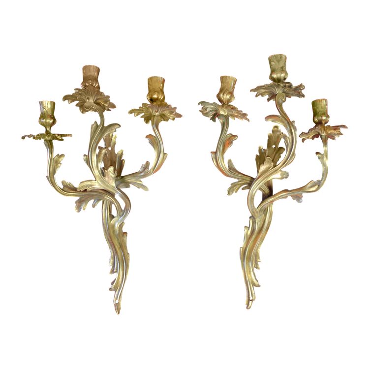 Pair of Louis XV style bronze 3-light wall lights, early 20th century height: 46 cm