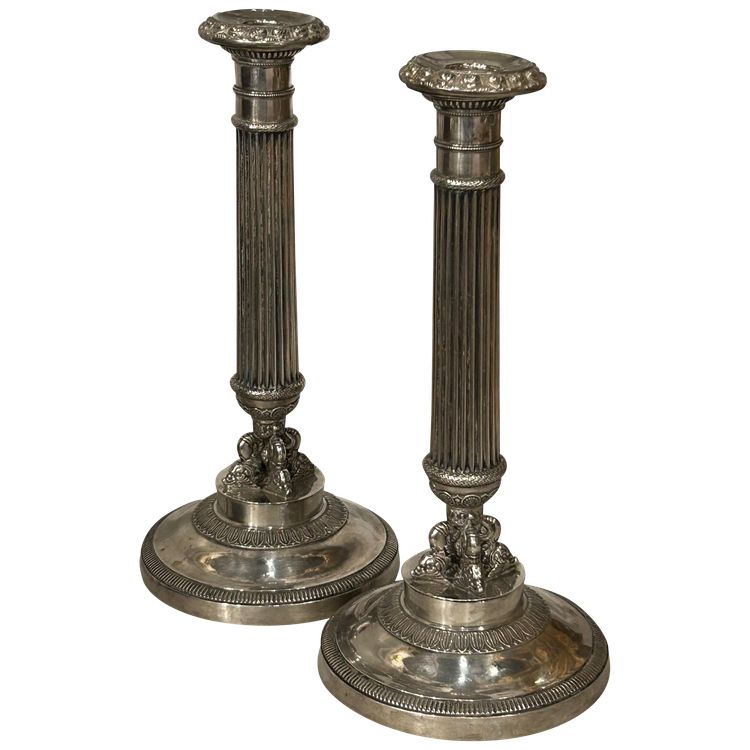 Pair of Solid Silver Candlesticks, France, Restoration Period, Vieillard Hallmark (1819-1838)