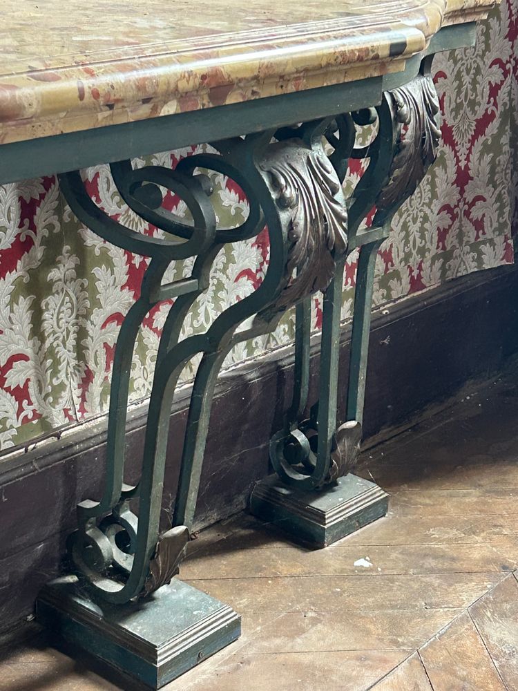 Consolle in ferro battuto stile Luigi XV molto grande, fine XIX secolo, L 260 cm 